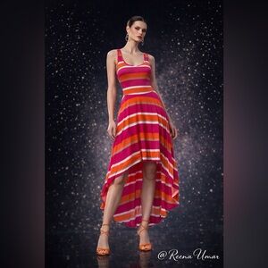 bebe Striped Sleeveless High-Low Dress – Pink & Orange | Size XS